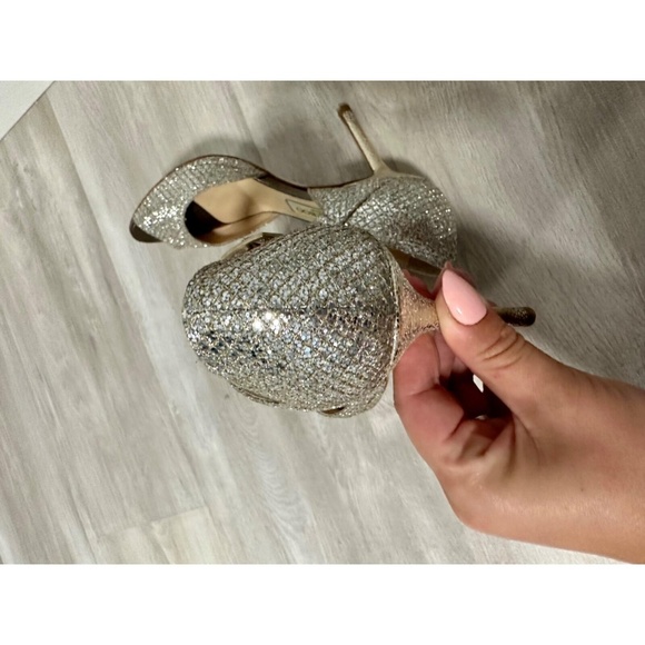 Jimmy Choo Womens 35.5 Gold Coarse Glitter Peep Toe Ankle Strap Heels - Picture 9 of 15